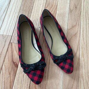 Talbots Red plaid pointed toe flats with black bow detail, womens 6.5